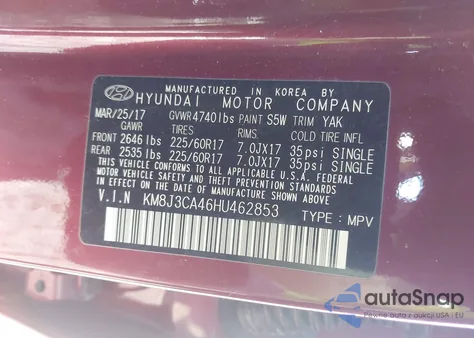 2017 Hyundai Tucson Se z USA, uszkodzony, nr VIN KM8J3CA46HU462853